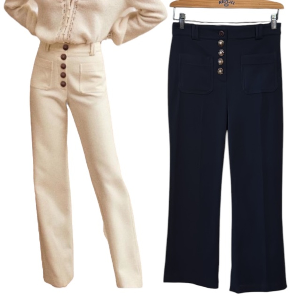 House of Harlow 1960 Altered High Rise Navy Blue Flare Cropped Corduroy Pants